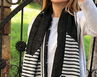 Stilvoller schwarz-weißer Acryl-Baumwollschal mit Sternenmuster – eleganter rechteckiger Schal für Damen