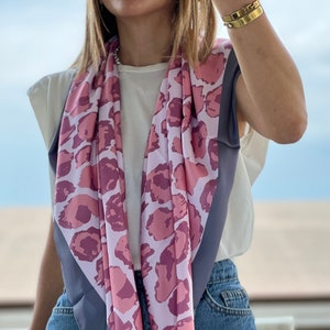 Leopard Print Silk Satin Scarf: Navy Blue & Pink Lilac, Large Square
