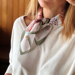 All season into Style with a Colourful Silk Blend Scarf-Light Green Beige Geometric Pattern-Perfect Gift for Women!