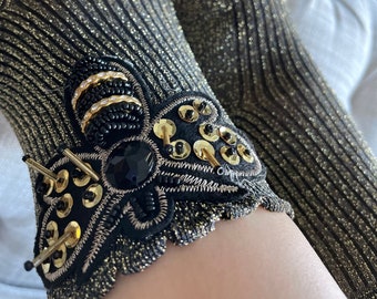 Gold Black Bee Embellished Cotton Socks - Handmade Novelty Mesh Socks