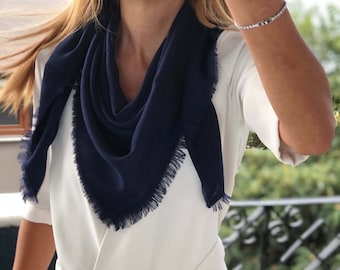 Dark Blue 100% Cotton Square Scarf - Soft and Versatile All-Season Accessory, Perfect Gift for Her in Navy Blue