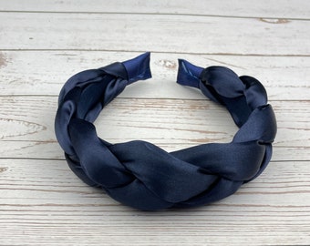 Dark Blue Satin Padded Headband - Twisted, Knotted and Braided Headband Design for Women and Girls