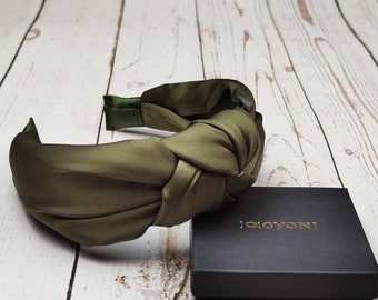 Army Green Satin Knotted Headband - Stylish Women's Twist Headband in Khaki Green - Wide Padded Hairband for Fashionable Look