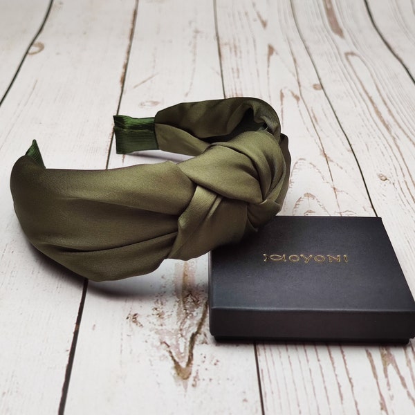 Army Green Satin Knotted Headband - Stylish Women's Twist Headband in Khaki Green - Wide Padded Hairband for Fashionable Look