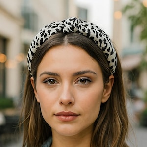 Leopard Print Knotted Headband-Women&#39;s Stylish Wide Hairband in White Gray and Black-Padded Viscose Headband
