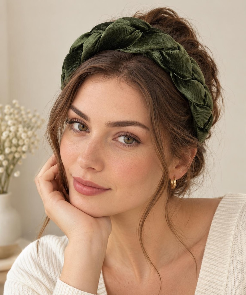 Close-up of a woman wearing an olive green velvet braided headband, showing the thick woven design and soft textured fabric