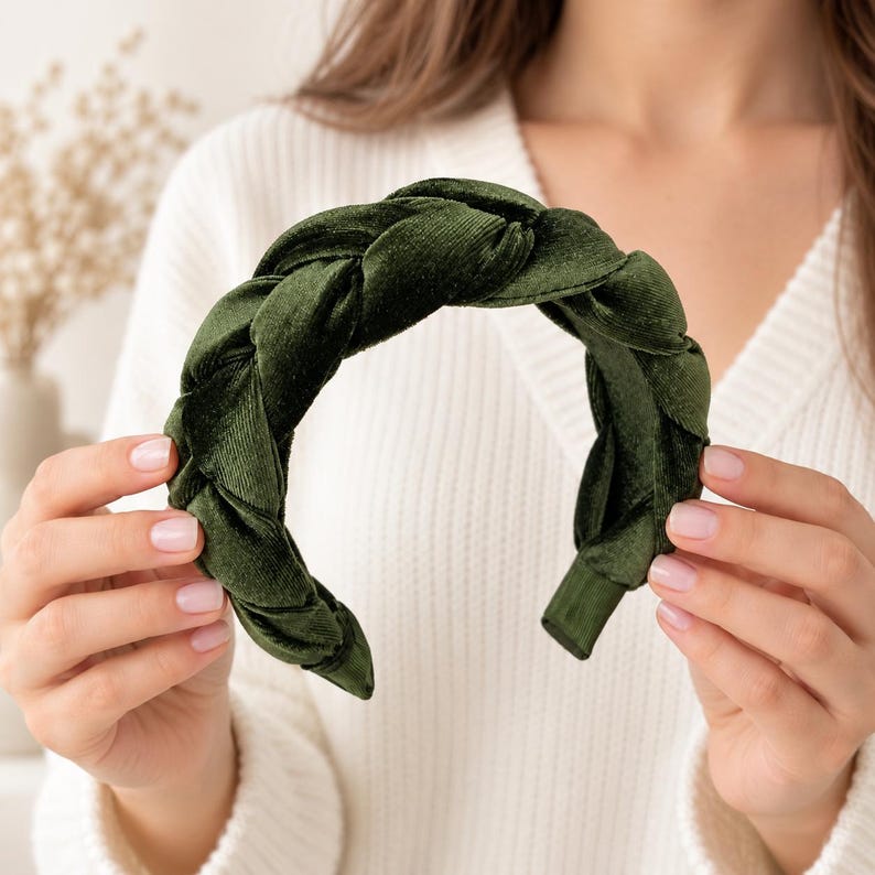 Woman holding a dark green velvet braided headband, showing the wide padded shape, flexible band and detailed woven design.