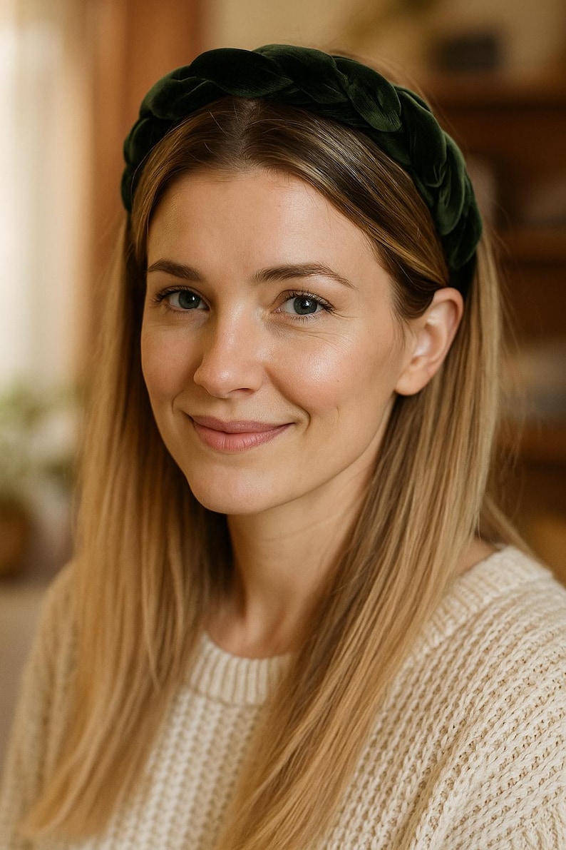 Khaki Green Velvet Braided Headband, Knotted Alice Band image 6
