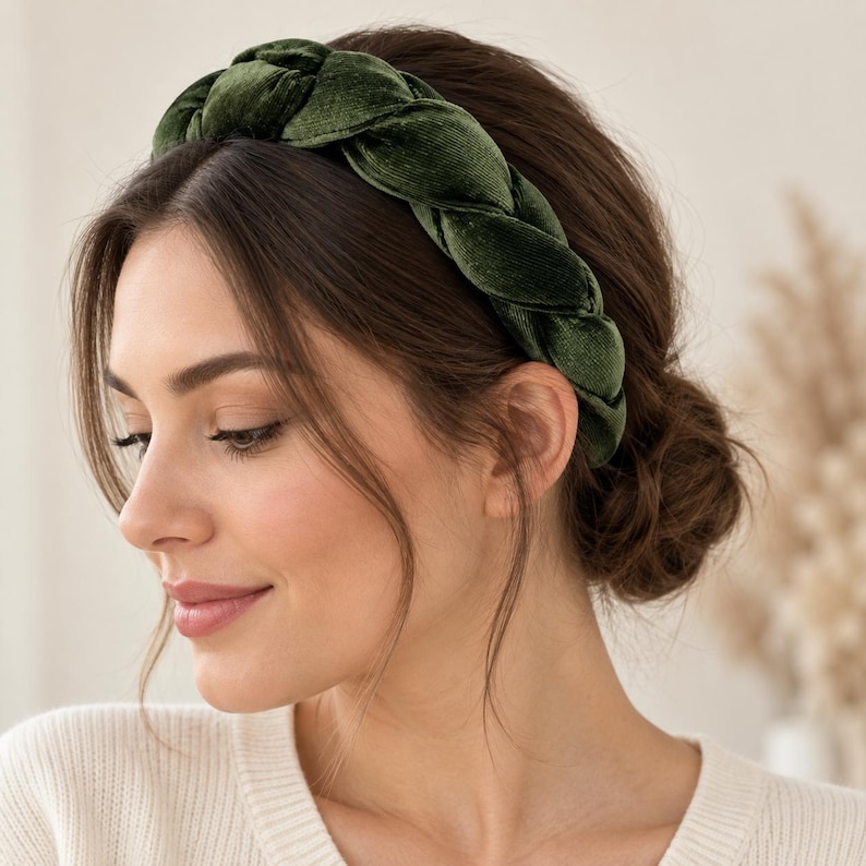 Side view of a woman wearing a dark green velvet braided headband, showing the wide plaited design with an elegant low bun hairstyle