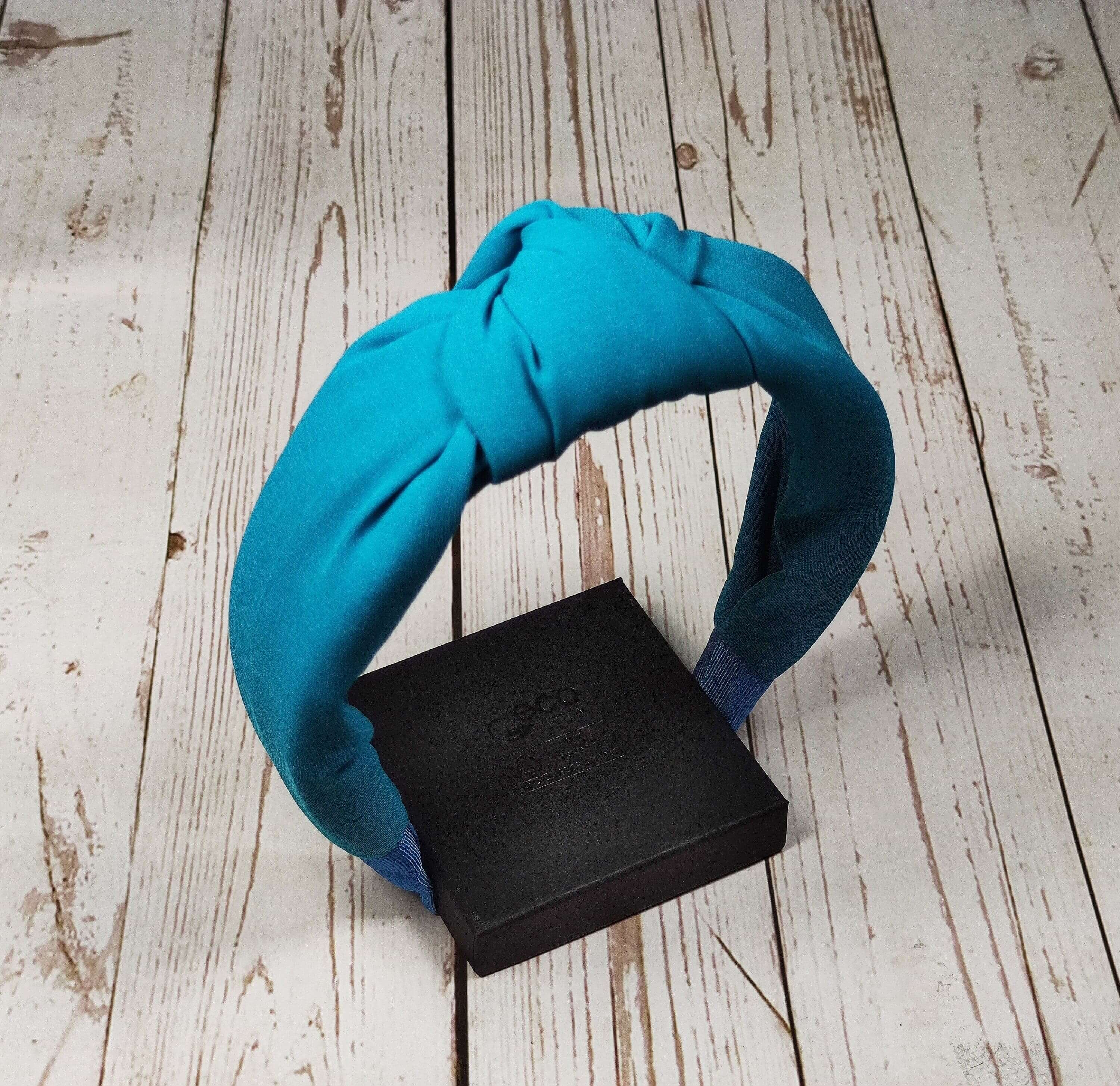 Waterproof Padded Knotted Headband in Bright Blue Linen Turban Top Knot Headband with Elastic, Light Blue  main image 2
