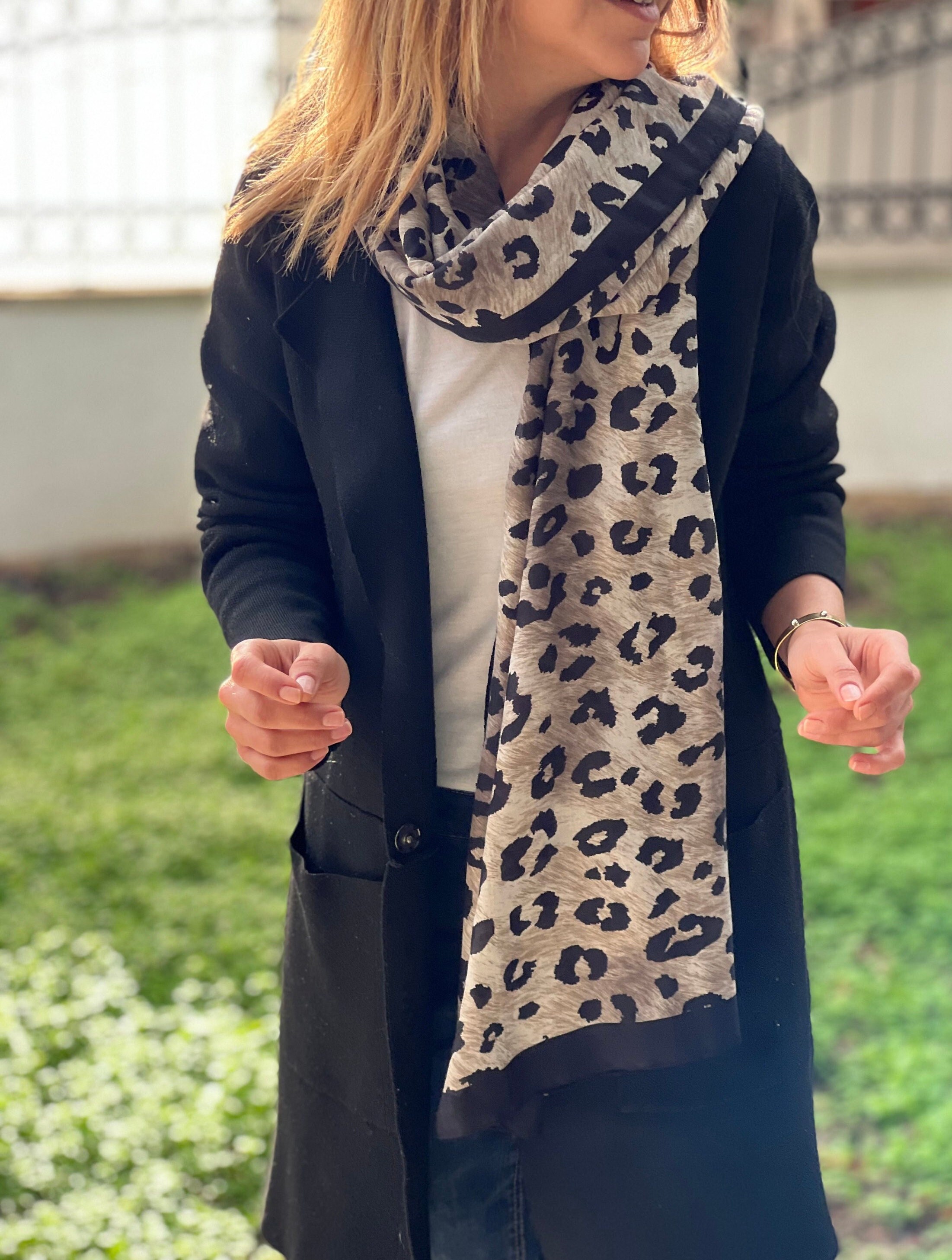 Leopard Printed Shawl for Women - Black Beige Animal Print Scarf in Soft  and Stylish Design