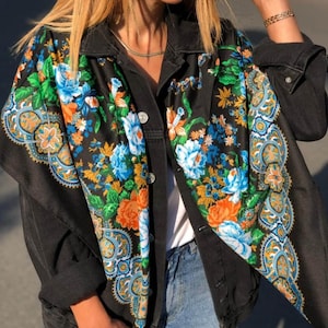 Black and Multicolor Floral Cotton Scarf-Perfect All Season Accessory-Best Gift for Her in Black Orange Blue and Green