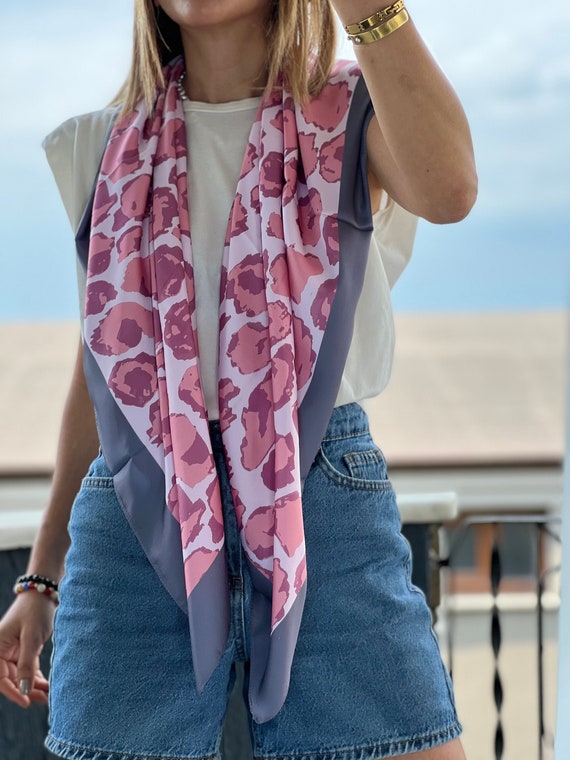 Satin Blend Leopard Print Scarf in Navy Blue and Pink Lilac - Etsy