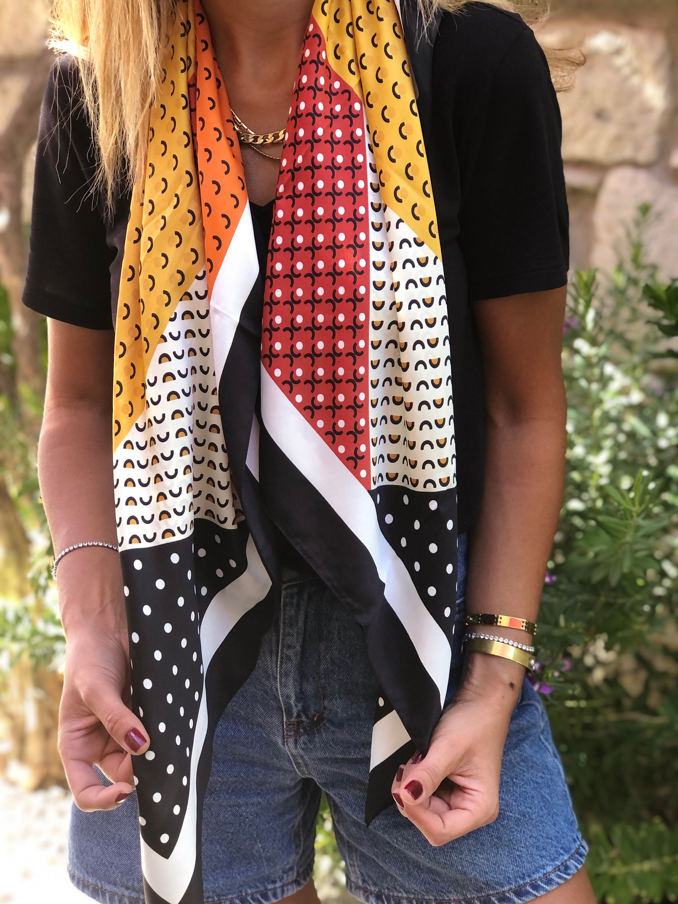 Colorful Geometric Print Silk Satin Scarf, Large Square Wrap