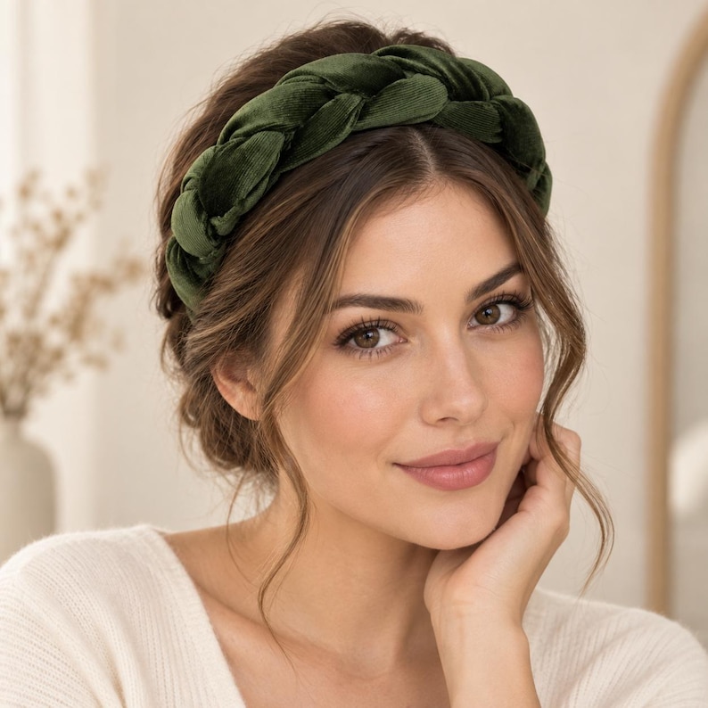 Woman wearing a dark olive green velvet braided headband with a wide padded design, styled with an elegant updo and cream knit top.