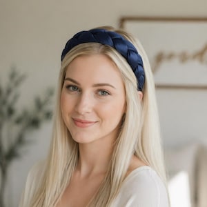 Diadema trenzada de satén azul marino, diadema acolchada con nudo.