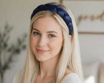Marineblauwe satijnen gevlochten hoofdband, gewatteerd geknoopt Alice Band-haaraccessoire voor dames