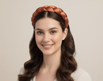 Diadema de satén trenzado color terracota - Banda para el cabello acolchada color naranja quemado