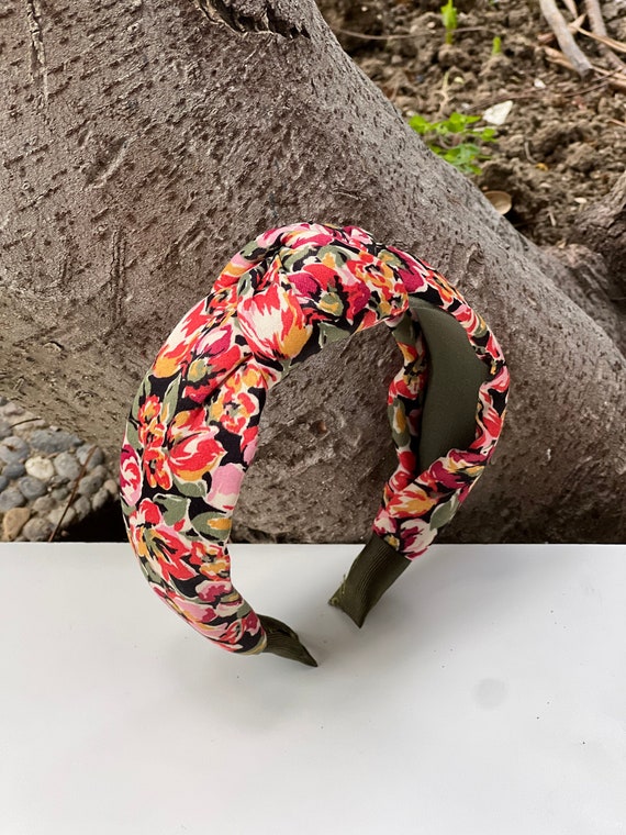 Floral Knotted Headband: Red, Green & Pink Flower Design - Etsy
