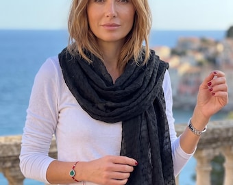 Organic Cotton Scarf, Black Anthracite Grey Rectangle Wrap, All-Season Shawl (60x210cm)