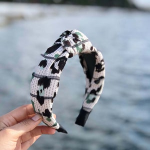 Leopard Print Knotted Headband-Stylish Women&#39;s Hairband in Beige Green and Black-Wide Cotton Linen Pattern Headband