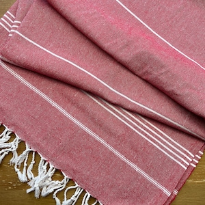 Toalla turca Peshtemal - Toalla de baño de algodón rojo, azul y rosa - Toalla de algodón 100 % - Toalla de playa de color ladrillo, toalla grande Peshtemal de rayas navideñas