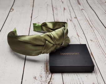 Knotted Olive Green Satin Headband: Women's Classic Hairband