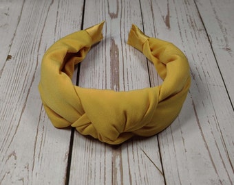 Stylish Lemon Yellow Knotted Headband - Wide Classic Hairband for Women with Light Yellow Viscose Crepe and Padded Design