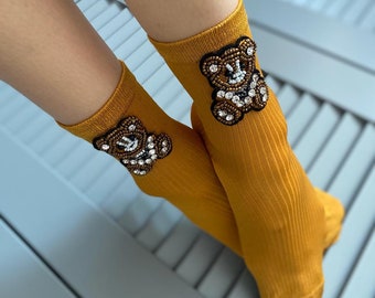 Handmade Mustard Bear Stone Cotton Socks with Trendy Mesh and Embellishments - Sparkle with Cute Novelty Brown Crystals
