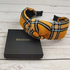 Mustard Yellow Plaid Knotted Headband for Women-Trendy Tartan Hair Accessory