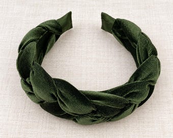 Khaki Green Velvet Braided Headband, Knotted Alice Band, Autumn Hair Accessory