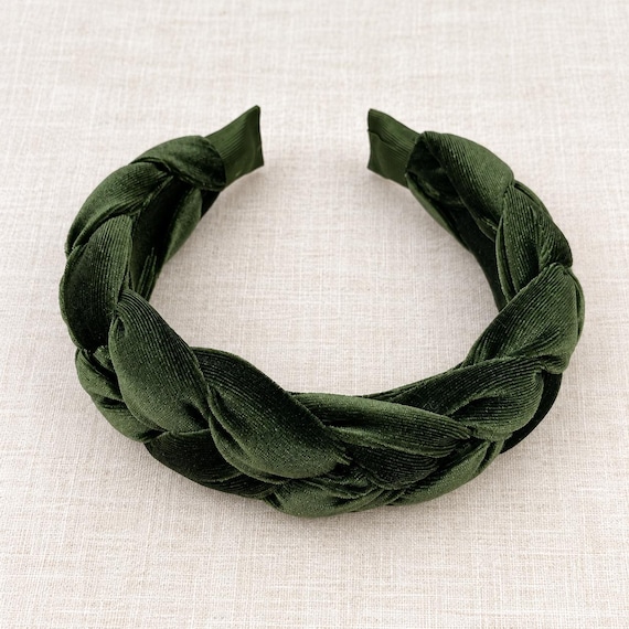 Khaki Green Velvet Braided Headband, Knotted Alice Band, Autumn Hair Accessory