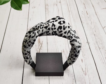 Leopard Print Knotted Headband - Women's Stylish Wide Hairband in White, Gray, and Black - Padded Viscose Fabric Headband