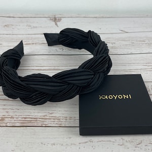 Fascia per capelli imbottita in raso nero - Fascia per capelli a turbante intrecciata e attorcigliata per donne e ragazze - Copricapo di colore scuro elegante e alla moda