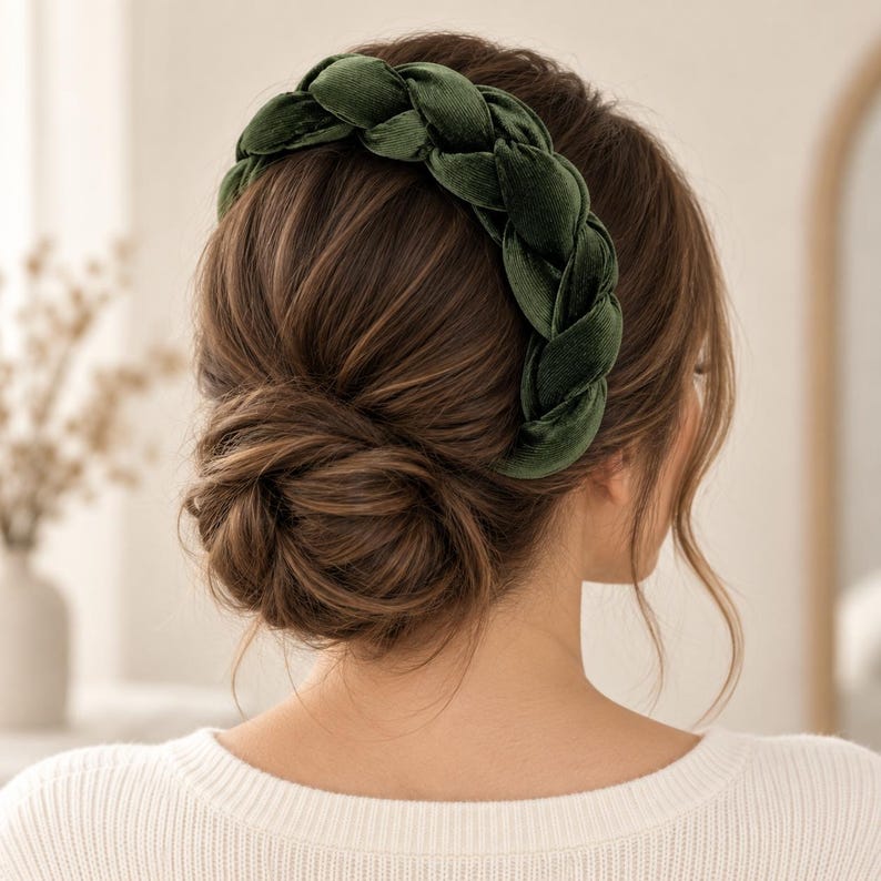 Back view of an olive green braided velvet headband worn with a low bun, showing the full width and woven hair accessory design.