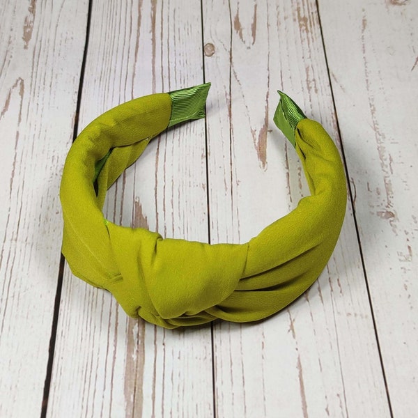 Lime Green Viscose Crepe Headband - Padded Wide Knot Hairband for Women