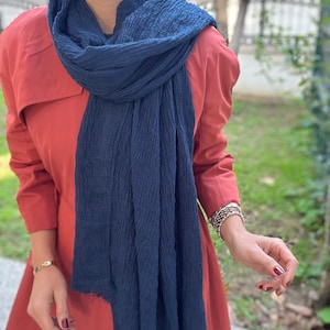 Dark Blue Organic Cotton Scarf - 100% Eco-Friendly Rectangle Navy Blue Scarf for Her