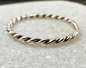 Solid 9ct Yellow Gold and Sterling Silver Ring, Mixed Metal Rope Ring, Twisted Ring, Handmade Precious Metal Stacking Ring.