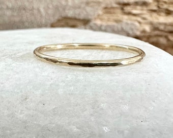 Handmade Solid 9ct Gold Hammered Ring Band: Skinny Stacking Ring