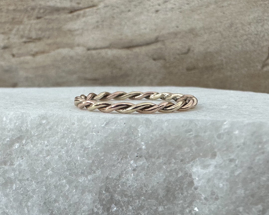 Handmade Solid 9ct Gold Twisted Rope Ring: Yellow & Rose Gold Stacking ...