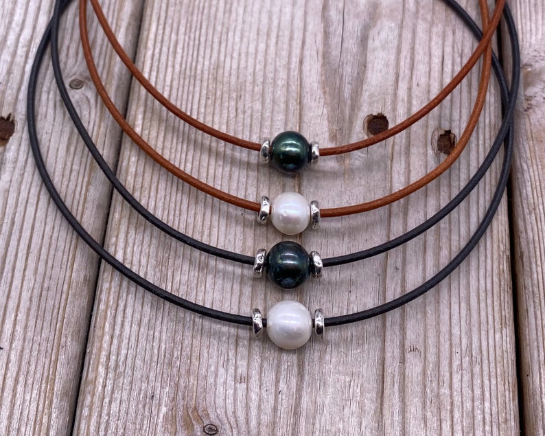 Surf Jewellery Ladies Gift Ladies Leather Necklace Genuine Leather Choker Boho Jewellery Black Freshwater Pearl Leather Choker Zamak