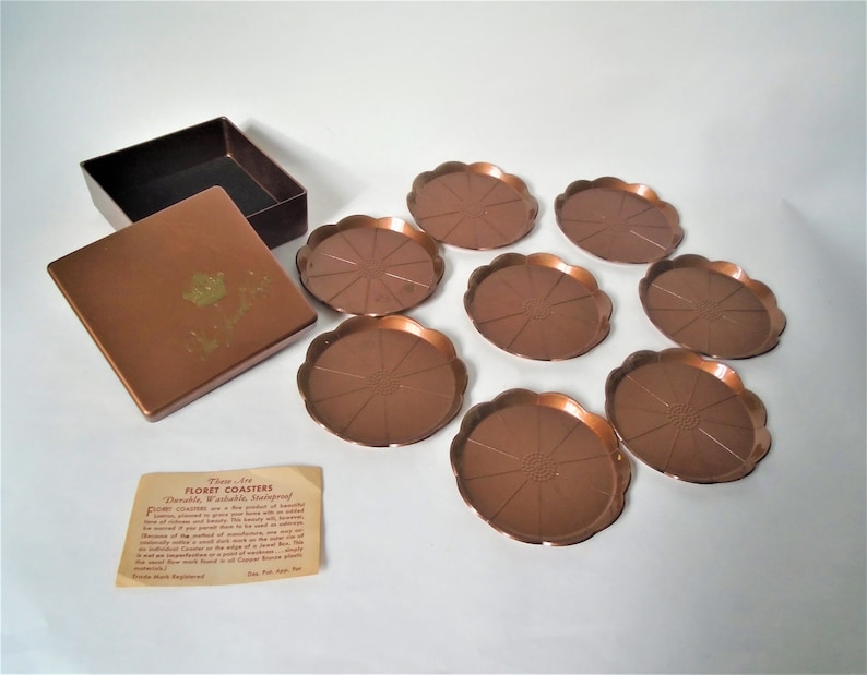 Steeds Lustron Jewel Box Floret Copper Bronze Plastic Coaster Set 1940s 1950s