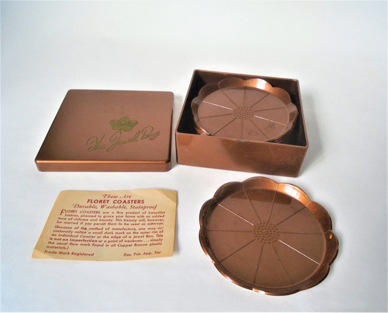 Steeds Lustron Jewel Box Floret Copper Bronze Plastic Coaster Set 1940s 1950s
