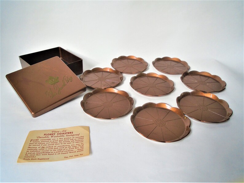 Steeds Lustron Jewel Box Floret Copper Bronze Plastic Coaster Set 1940s 1950s