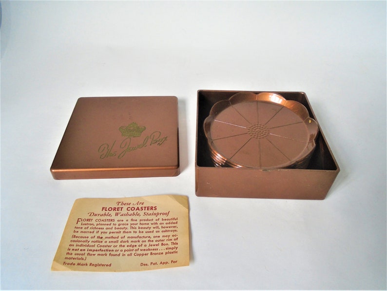 Steeds Lustron Jewel Box Floret Copper Bronze Plastic Coaster Set 1940s 1950s