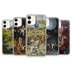 Pode incluir: Conjunto de cinco capas para iPhone com diferentes pinturas de Hieronymus Bosch. As capas são transparentes e mostram a obra de arte em cores. As pinturas incluem 'O Jardim das Delícias Terrenas', 'O Juízo Final', 'O Carro de Feno', 'O Navio dos Loucos' e 'A Tentação de Santo Antão'.