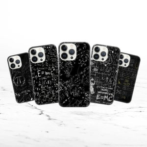 May include: Five black iPhone cases with a white background. Each case features a different design of scientific formulas and equations written in white on a black background. The text on the cases includes the famous equation E=mc2.