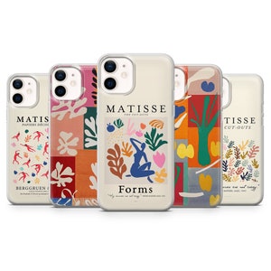 May include: Four different phone cases featuring colorful abstract art inspired by Henri Matisse's cut-out works. The cases feature various geometric shapes, lines, and colors, including red, orange, yellow, green, blue, and pink. The text on the cases reads "Matisse The Cut-Outs" and "Forms".