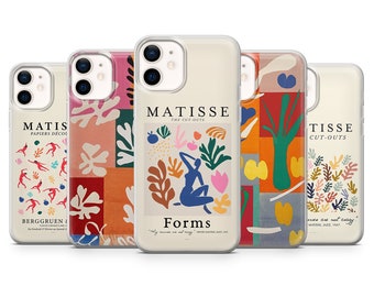 May include: Four different phone cases featuring colorful abstract art inspired by Henri Matisse's cut-out works. The cases feature various geometric shapes, lines, and colors, including red, orange, yellow, green, blue, and pink. The text on the cases reads "Matisse The Cut-Outs" and "Forms".
