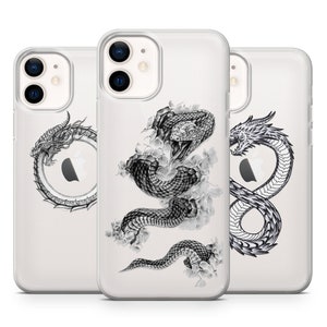 May include: Three clear phone cases with different black and white graphic designs. The first case features a dragon curled in a circle. The second case features a snake with its head raised. The third case features a dragon curled in a figure eight.